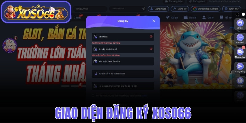Giao diện đăng ký Xoso66